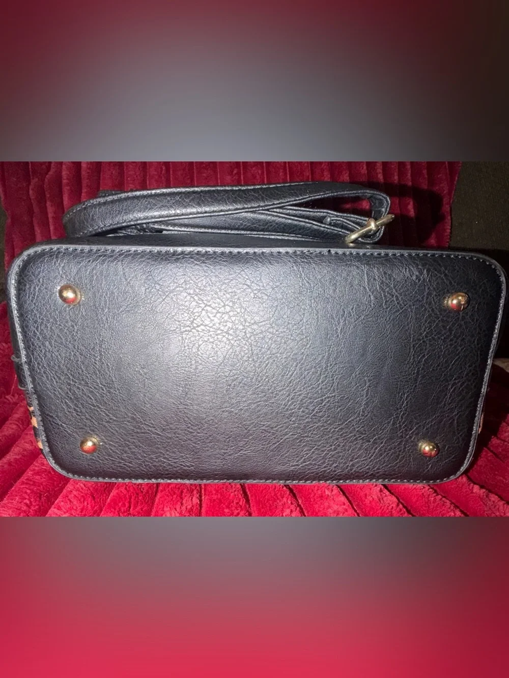 Black Faux Leather Drawstring Tote with Leopard Trim